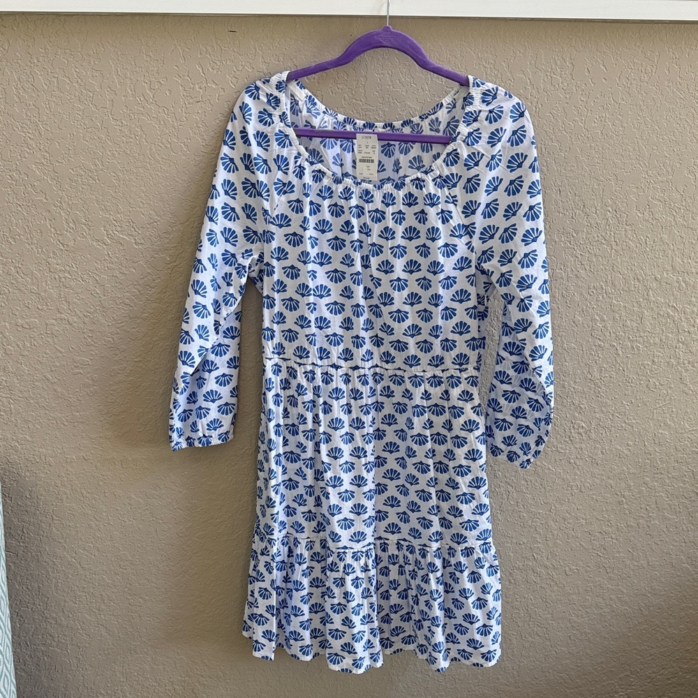 J. Crew Factory White Dress with Blue Shell Print - Casual Tiered Dress